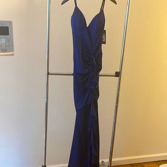 Obsession Fashion Apparel NWT Royal Blue Satin Floor Length Dress Split Front. - Picture 2 of 7